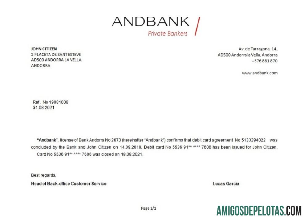 Referência de encerramento do banco Andorra Andbank exemplo